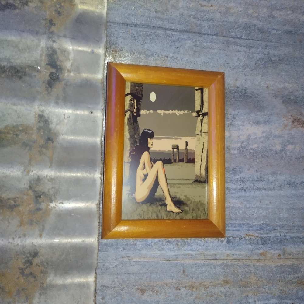 8 Bit Nude Bettie Page at Stonehenge Witchy Framed Art Print lo-fi Pixel…
